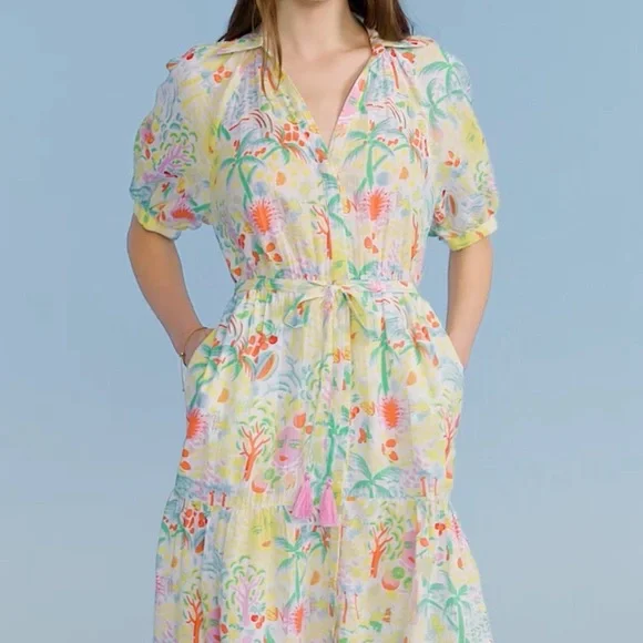 New Roller Rabbit Vacation Short Sleeve Maxi Dress Yellow/Green Size M - Picture 7 of 10